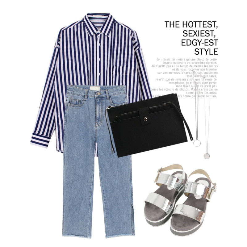 Untitled,biznshoe Slit cuting denim jeans,biznshoe Oversize stripe shirt (2color)등을 매치한 코디