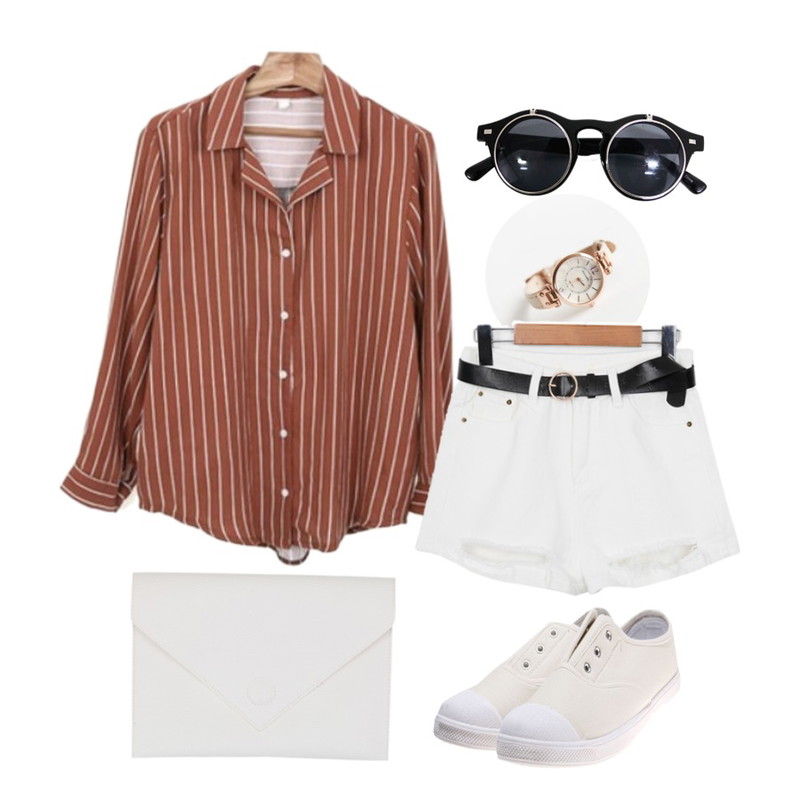 daily monday Mother of pearl watch6월 입고예정 ,From Beginning Damage belt denim shorts_Y (size : S,M,L),Zemma World 메이플-보더 (stripe nb)등을 매치한 코디