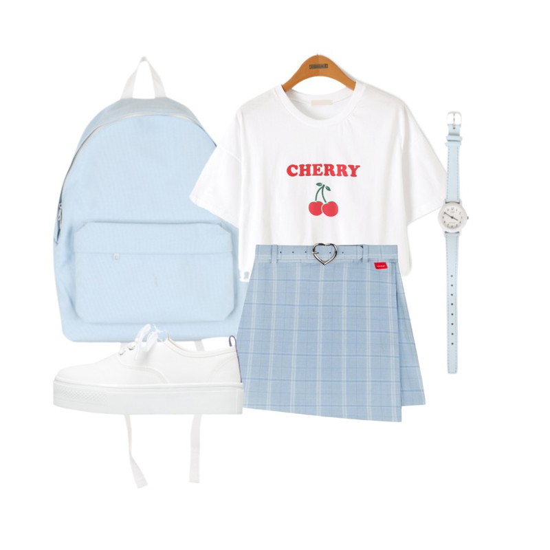 BULLANG GIRL 밀키퐁백팩,MIXXMIX Heart club 16SC Heart check wrap skirt pants(Sky blue),Reine 체리 레터링 크롭 반팔 티셔츠등을 매치한 코디