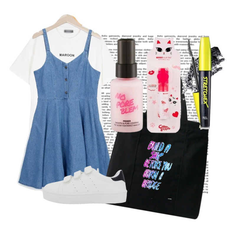 14,BULLANG GIRL 마룬파이브T,myblin 청순 뷔스티에 데님 원피스(S)등을 매치한 코디