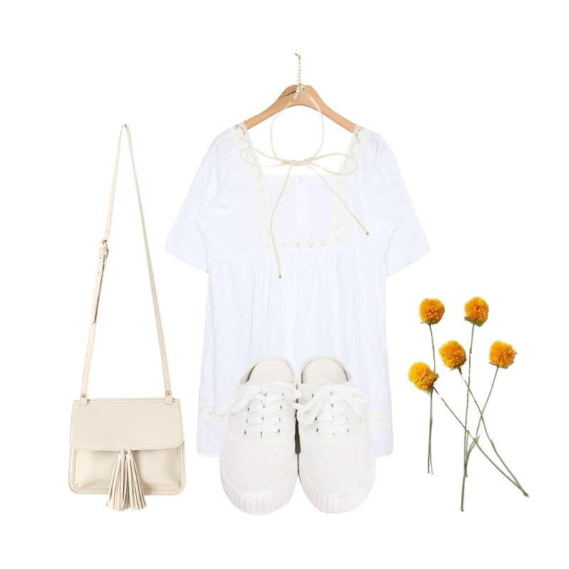 yellow flower,AIN girlish square neck ops (2 colors),MINIBBONG 세무끈-acc등을 매치한 코디