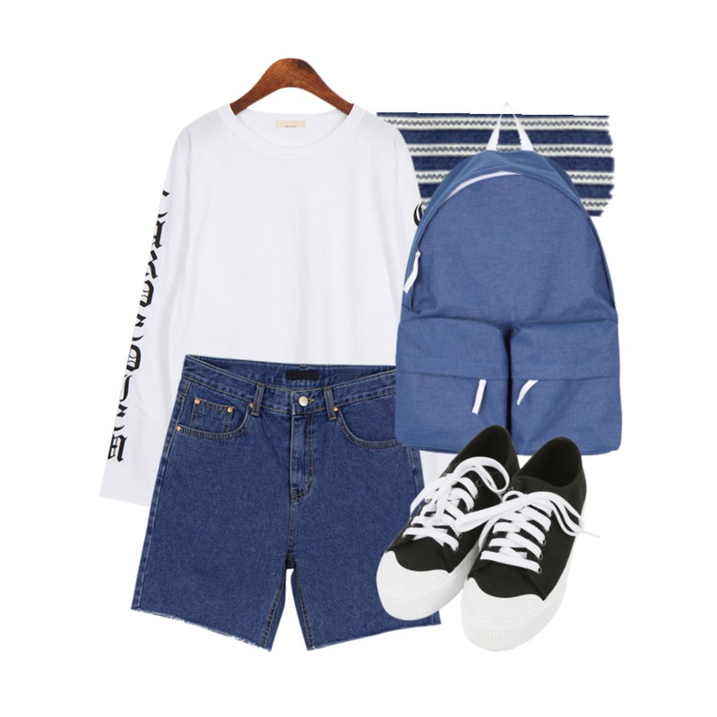 스트라이프 테이프,biznshoe Half crop denim shorts (2color),Dailyco 카르페-t등을 매치한 코디