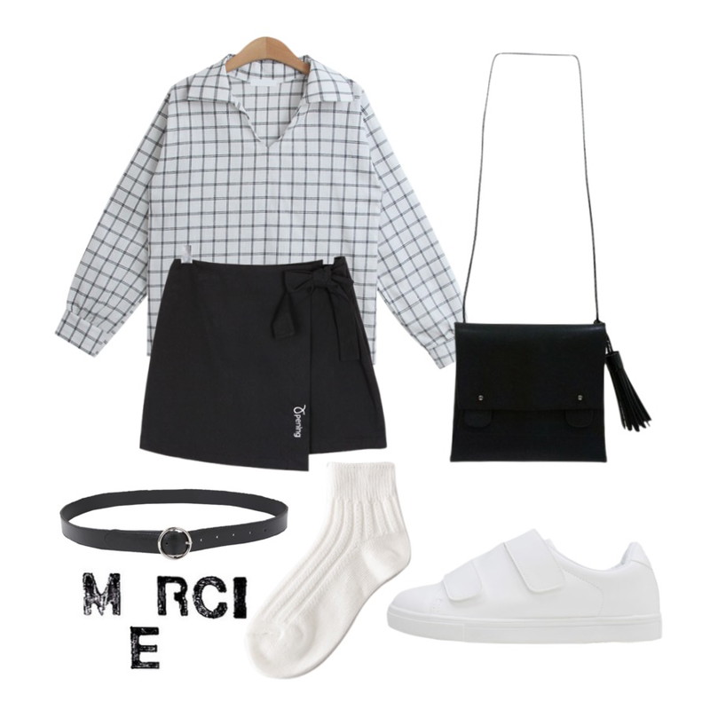 MIXXMIX 태슬링 미니크로스백,BULLANG GIRL 오프닝자수랩SK<5%할인> 17000원,TODAY ME 씨위드 체크 블라우스등을 매치한 코디