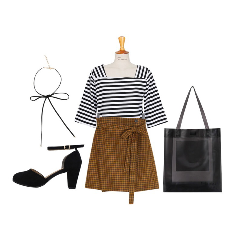 From Beginning Day stripe square-neck T_B (size : free),BULLANG GIRL 체키랩끈SK,LOVELY SHOES 사라디 메리제인 펌프스 (7cm)등을 매치한 코디