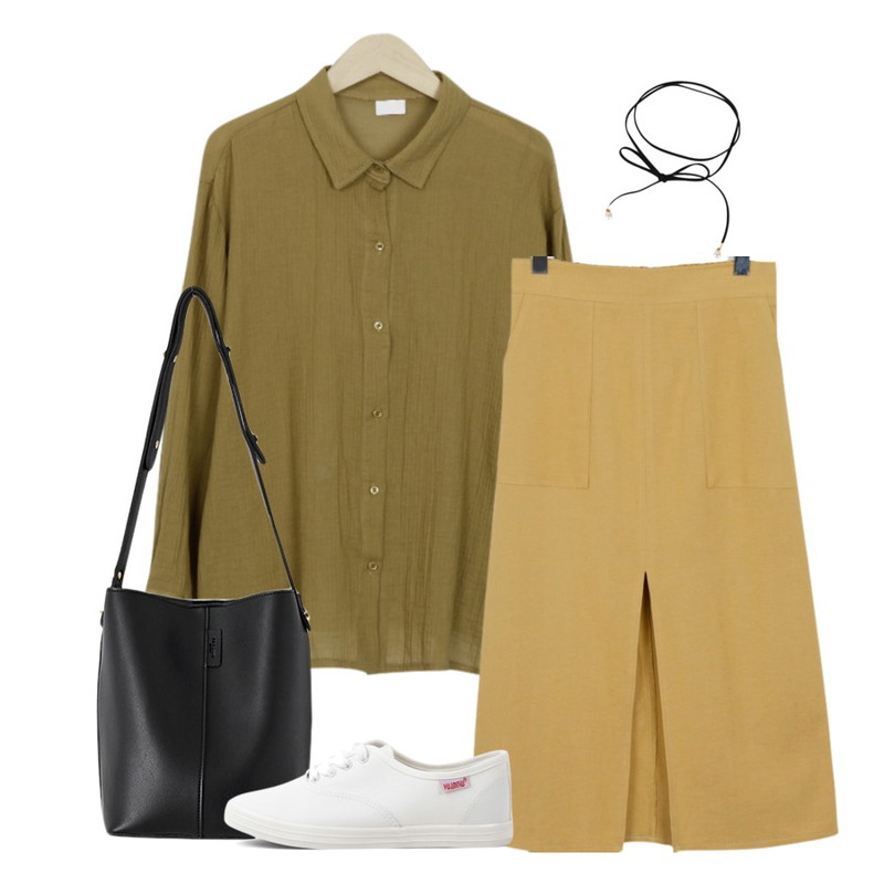 From Beginning Embo wrinkle shirts_M (size : free),From Beginning Slit cotton midi skirt_H (size : free),Reine 세틀러 숄더 레더 백등을 매치한 코디