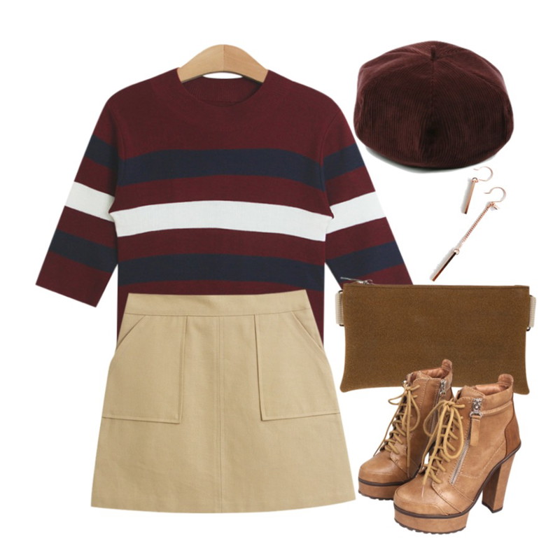 daily monday Corduroy color beret,TODAY ME 유리비 니트,TODAY ME 라쥬 스커트등을 매치한 코디