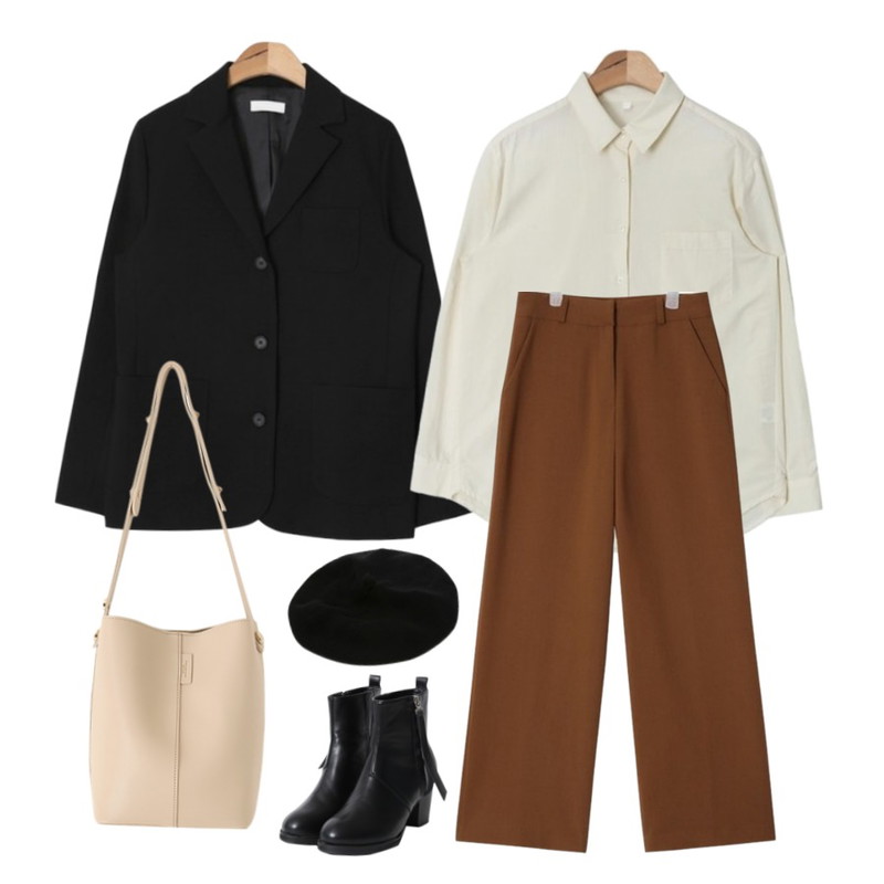 AIN 3-button poket jacket (3 colors),AIN fall color poket shirts (3 colors),AIN warm highwaist long slacks (3 colors)등을 매치한 코디