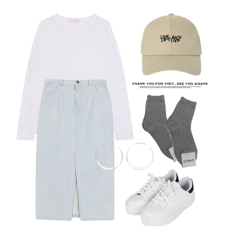 AIN FRESH A signature ball cap (4 colors),biznshoe Slit long denim skirt (2color),biznshoe Round long sleeve tee (3color)등을 매치한 코디