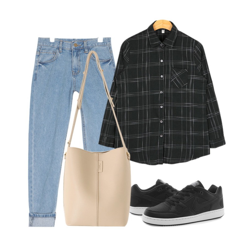 AIN simple high denim pants (2 colors),Player 나이키 선 오브 포스 SL 블랙 푸시아 (SON OF FORCE SL),BULLANG GIRL 목요일밤NB<5%할인> 24000원등을 매치한 코디