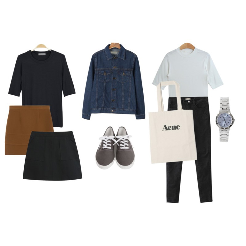 daily monday Light simple denim jacket,myblin 실키 5부소매 슬림 티,TODAY ME 포닌 티등을 매치한 코디