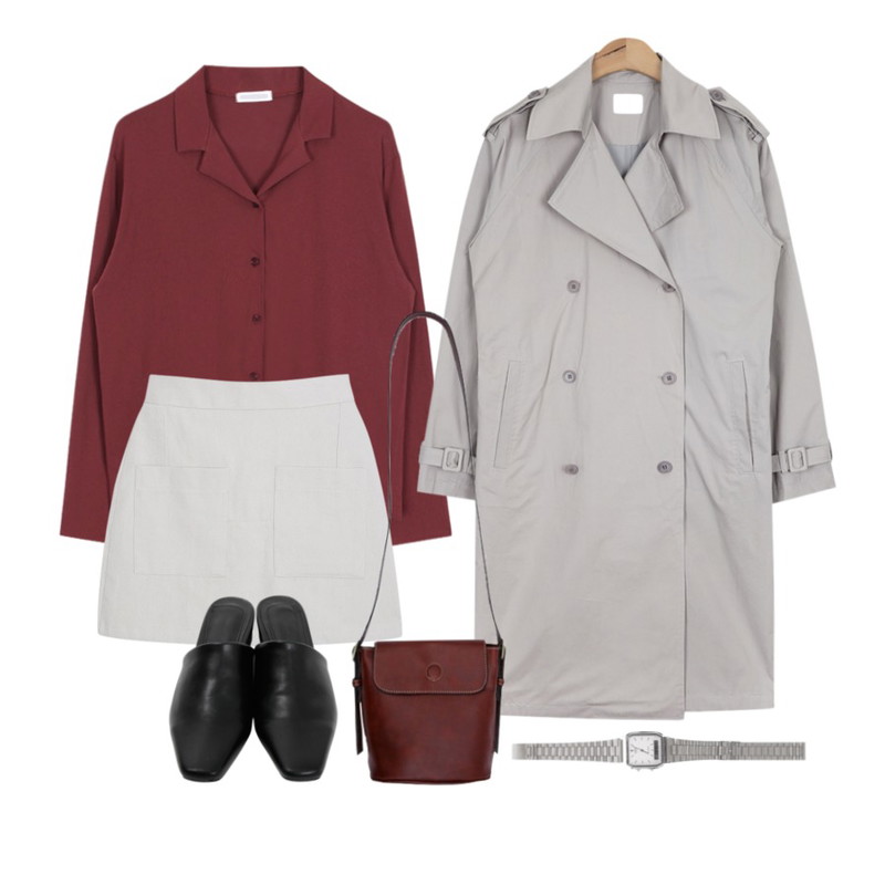 AIN back belt detail trench coat (3 colors),myblin 사각포켓 절개 스커트(S),biznshoe Button collar tee (3color)등을 매치한 코디