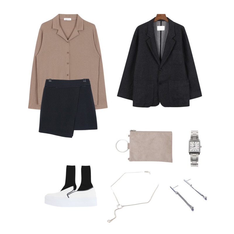 From Beginning Pin stripe slit skirt_H (size : S,M),daily monday Cotton texture boy jacket,biznshoe Button collar tee (3color)등을 매치한 코디