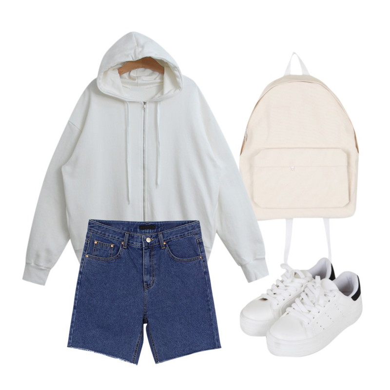 BULLANG GIRL 밀키퐁백팩,biznshoe Half crop denim shorts (2color),TODAY ME 컬러칩 후드 집업등을 매치한 코디