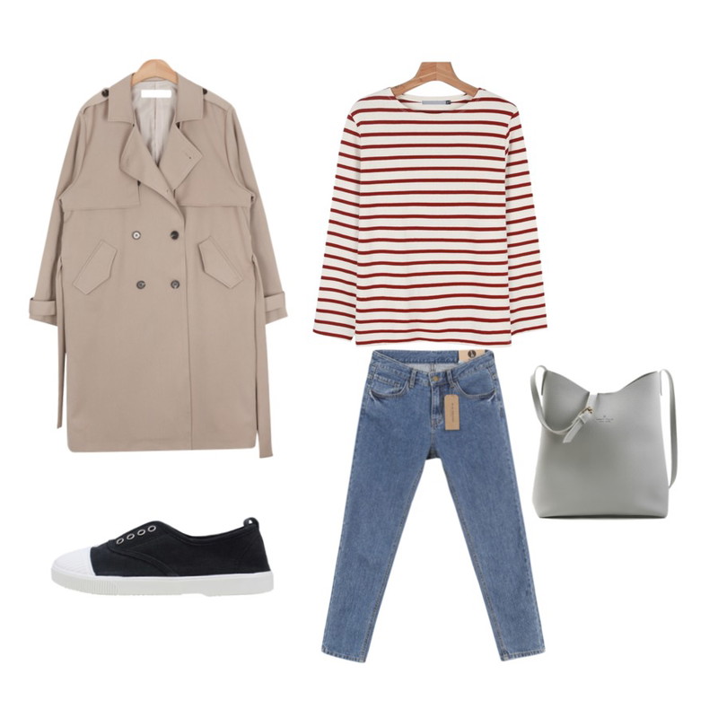 AIN spring trench coat (3 colors)베이지/2월23-24일 입고예정,MINIBBONG [MINI.L] Girin pants ver.02(9부 반하이 슬림배기팬츠),daily monday Casual mood stripe tee등을 매치한 코디