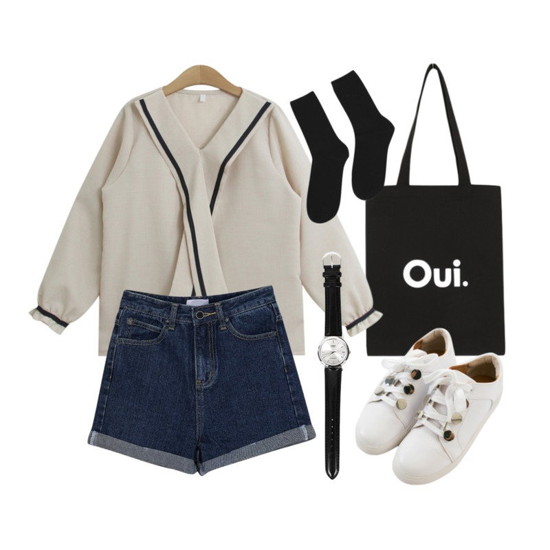 MINIBBONG oui-bag,myblin 슬림효과 청 하이 반바지(S),TODAY ME 브리즌 블라우스등을 매치한 코디