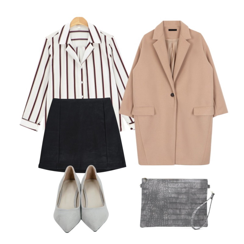 myblin 레더 미니 스커트,From Beginning Dress sweat midi heel_M (size : 225,230,235,240,245,250),LINDA GIRLS 티티 스트라이프 셔츠 (3color)등을 매치한 코디