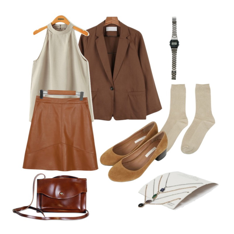 Reine 엘린 홀터넥 블라우스&팬츠 세트,daily monday Cotton autumn jacket,From Beginning Much leather high skirt_H (size : S,M)등을 매치한 코디