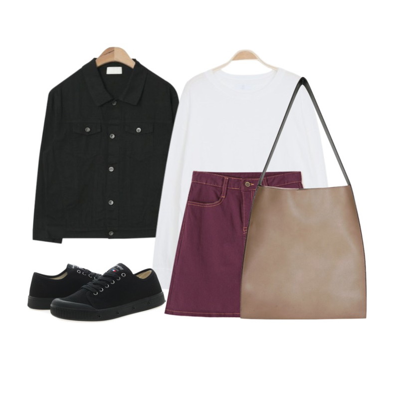 myblin 밑단 슬릿 맨투맨 (5color),AIN casual pocket cotton jacket (3 colors),Reine 덴버 스티치 스커트등을 매치한 코디