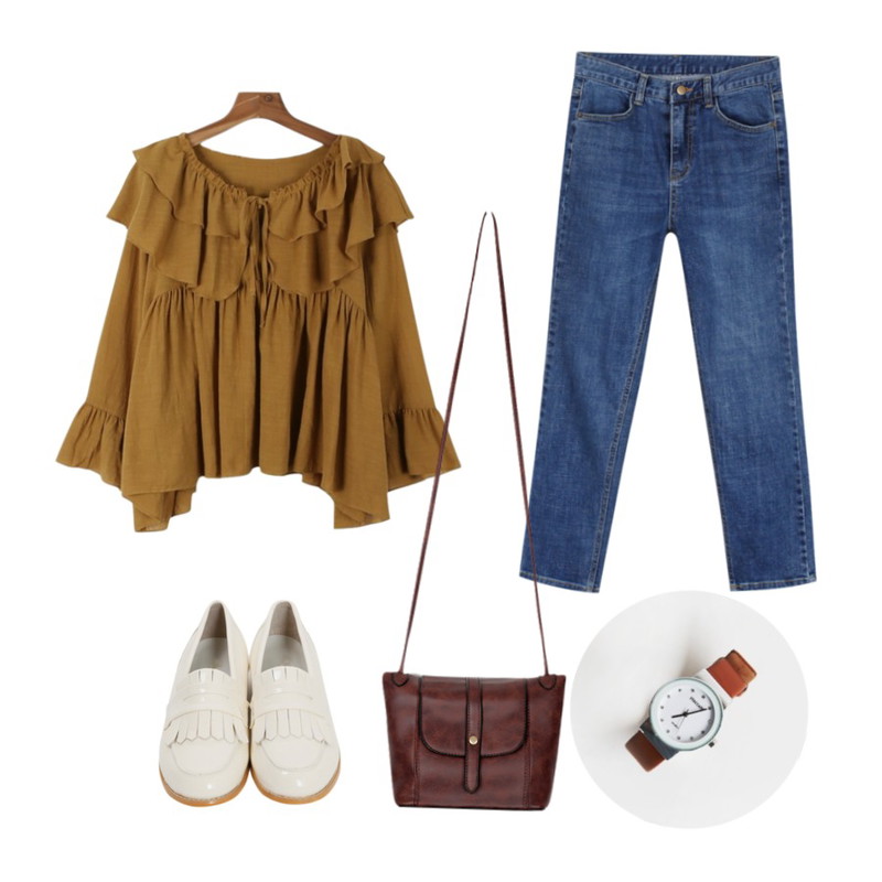 From Beginning Border tassel loafer_Y (size : 225,230,235,240,245,250),daily monday Crop slim fit denim,daily monday Nana frill blouse등을 매치한 코디