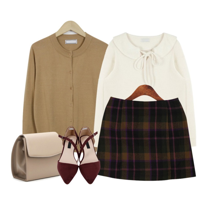 Dailyco 루이체크스커트-sk,From Beginning Cozy soft round cardigan_M (size : free),MIXXMIX ONLY MIX  마리에 카라 티셔츠단독할인등을 매치한 코디