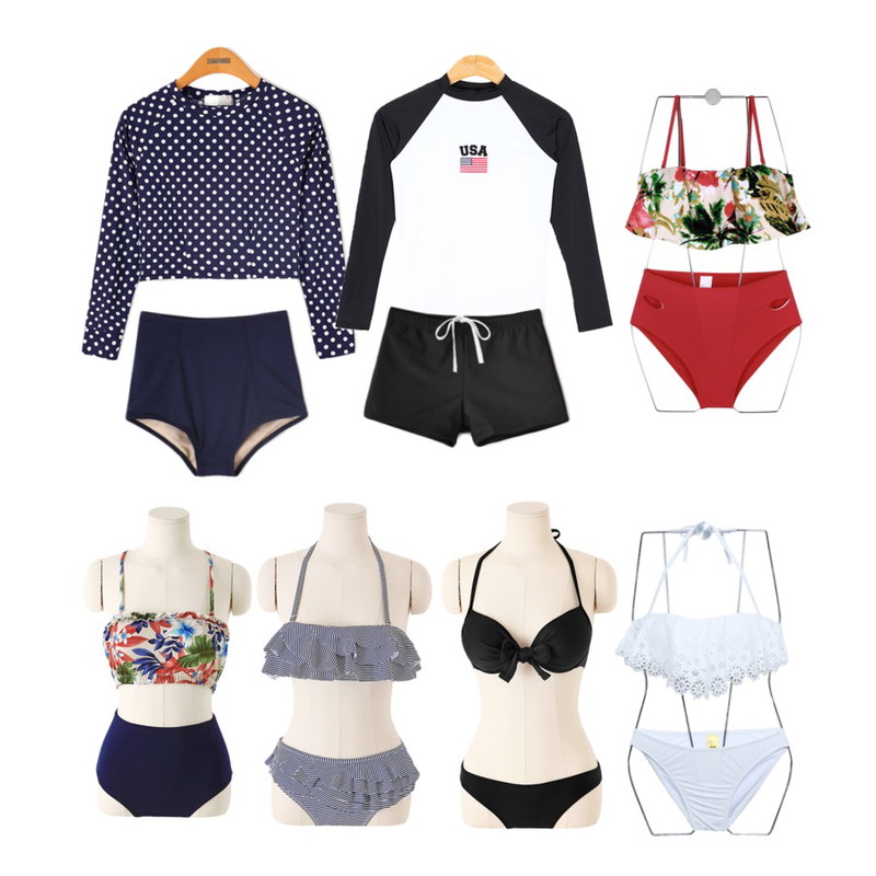 Reine 하와이안 프릴 비키니,Reine 베이 텐션 스윔 웨어,Reine 러버 도트 래글런 래쉬가드등을 매치한 코디