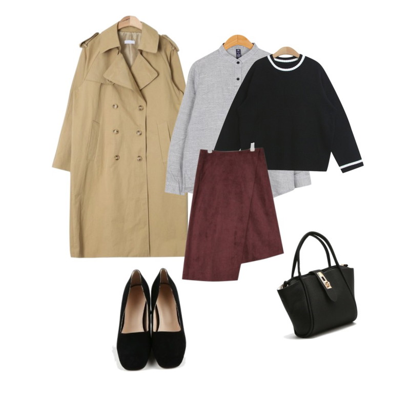 AIN classic mood long trench coat (3 colors),BULLANG GIRL 슬라브헨리넥NB,daily monday Sheep skin heel등을 매치한 코디