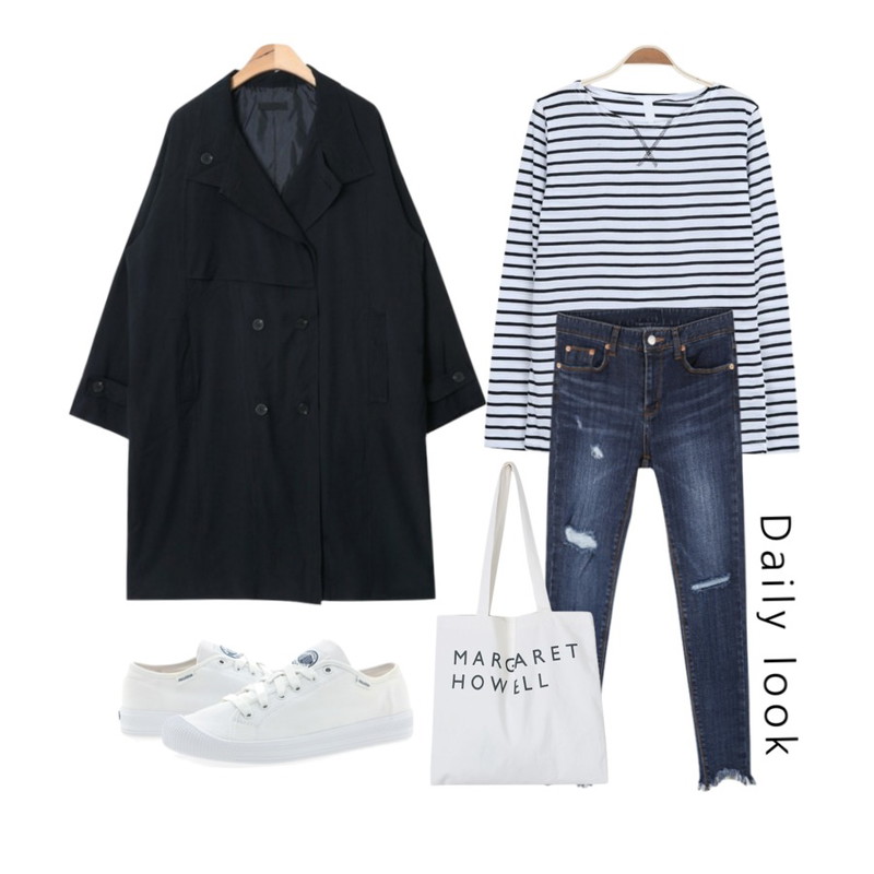 myblin 아로 단가라 티,AIN high neckline soft trench coat (2 colors),CHLO.D.MANON 프린지 컷 스키니등을 매치한 코디