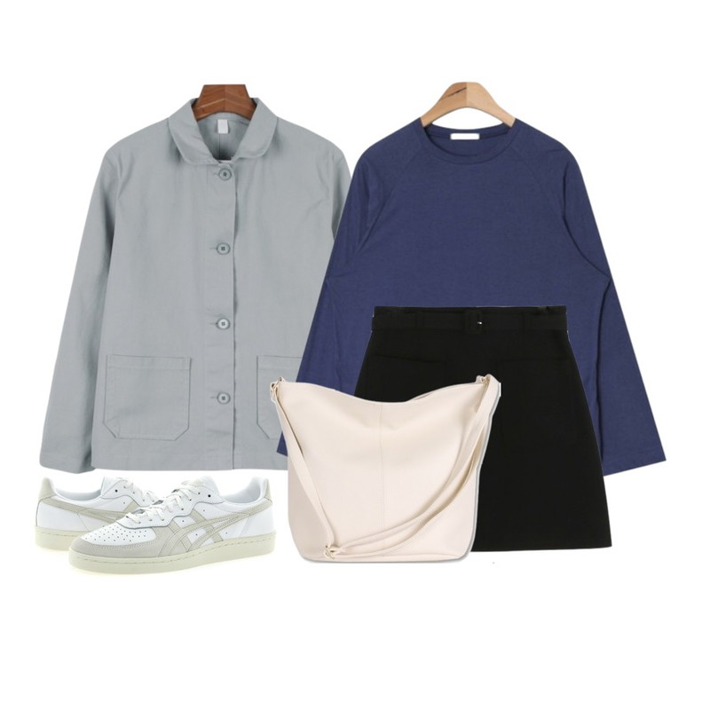 daily monday Comfort cotton jacket,daily monday Mini belt set skirt9/12 입고예정,AIN raglan wide sleeve T (5 colors)등을 매치한 코디