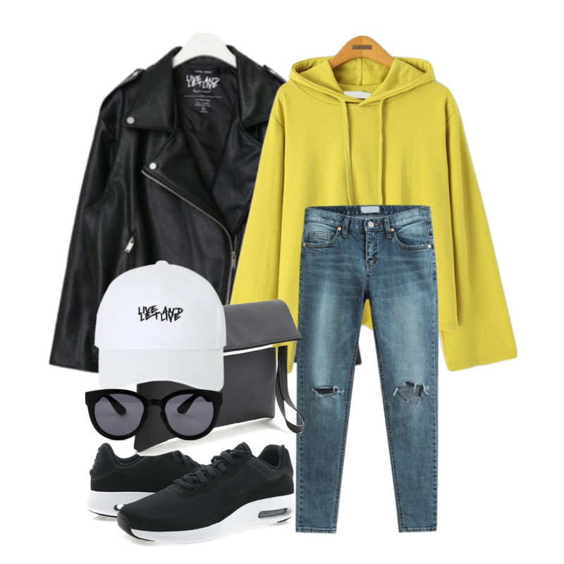 Reine 시리얼 와이드 후드 티셔츠,Player 나이키 에어 맥스 모던 에센셜 블랙 화이트 (NIKE AIR MAX MODERN ESSENTIAL),AIN FRESH A overfit rider jacket등을 매치한 코디