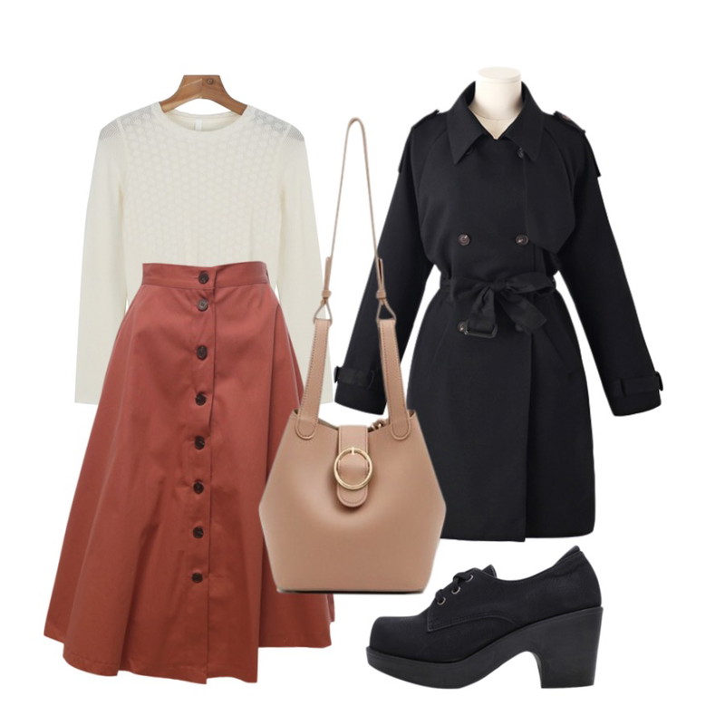 Reine 클래시 트렌치 코트,daily monday Slim line pattern knit,Dear Lady 댄져러스 러브(롱스커트)등을 매치한 코디