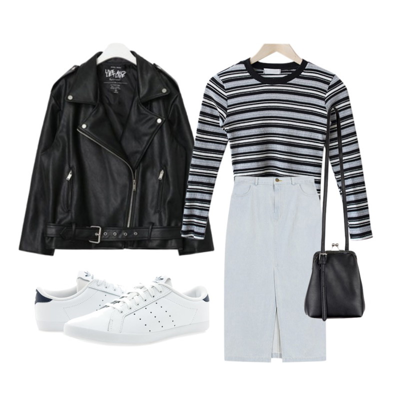 biznshoe Slit long denim skirt (2color),AIN FRESH A overfit rider jacket,CCUMI SISTER 스트라이프 골지티셔츠 (1color)등을 매치한 코디
