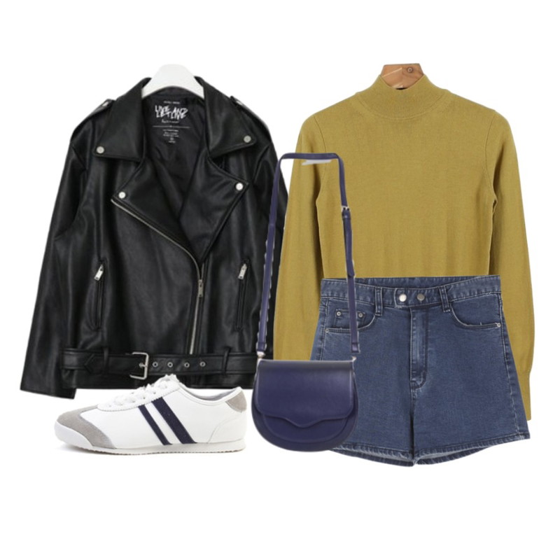 AIN FRESH A overfit rider jacket,BANHALA 콘팡,daily monday Soft half neck pola등을 매치한 코디