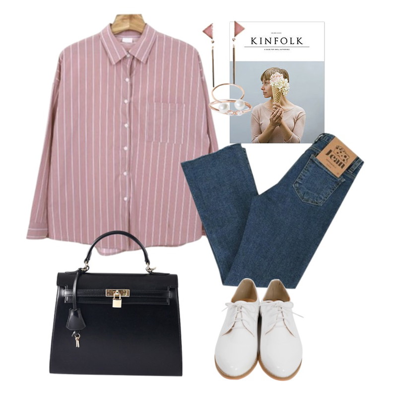 kinfolk,Zemma World (ZEM.made) Cheese Skinny (ver.프렌치부츠컷),Zemma World 멜팅-보더 (stripe nb)등을 매치한 코디