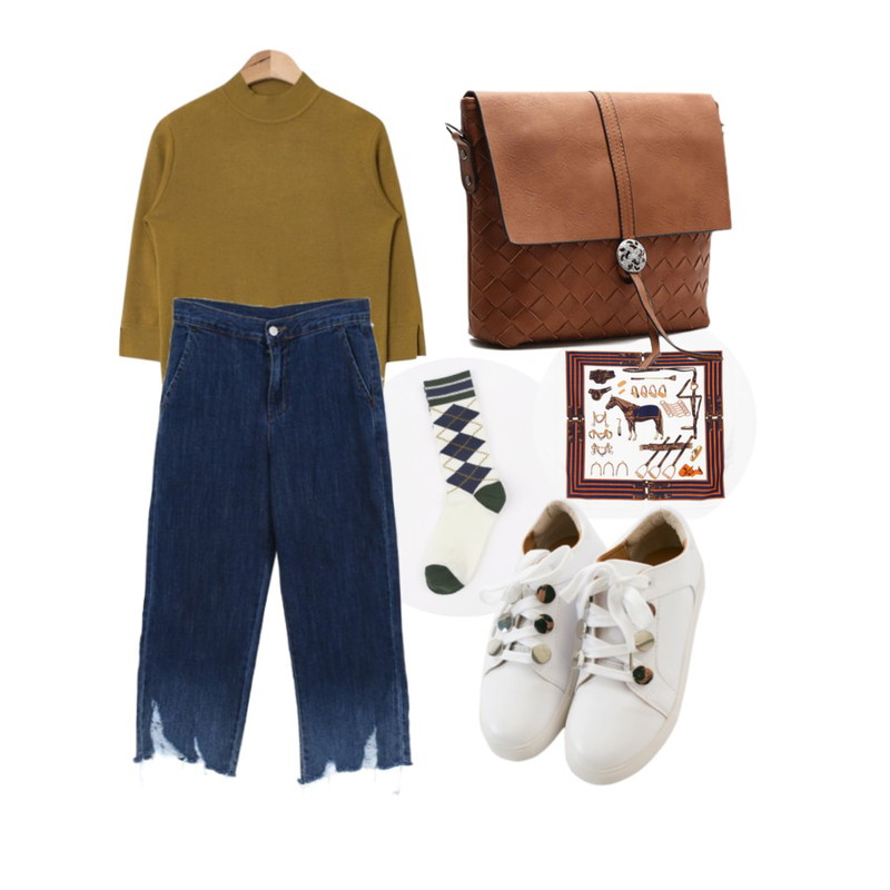daily monday Argyle cotton socks,AIN petit horse scarf,AIN half-neck sleeve silt knit (6 colors)등을 매치한 코디