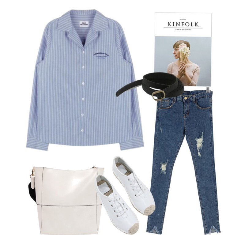 kinfolk,MIXXMIX 더블카라 포인트 셔츠,From Beginning Multi strap tank bag_H (size : one)등을 매치한 코디