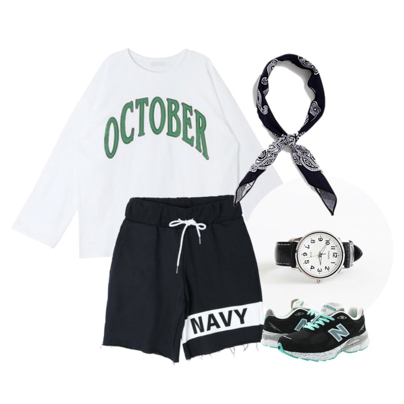 daily monday Casio white stitch watch,DORA 칼라칩P,DORA 캐쥬얼크림T등을 매치한 코디