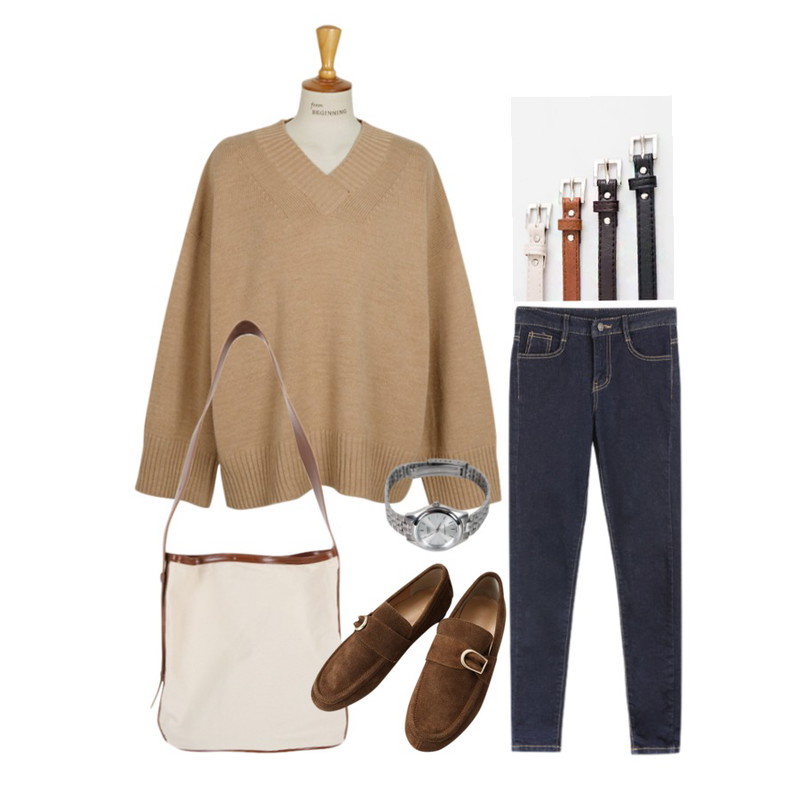MIXXMIX 실버 스퀘어 벨트,BANHALA 크레이지 팬츠,From Beginning Day fit v-neck knit_B (size : free)등을 매치한 코디