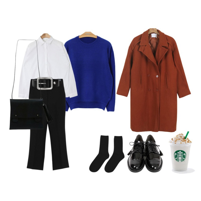 daily monday Oversize chic color coat,AIN boxy fit slit stripe shirts (3 colors),myblin 밤비라운드니트 (9color)등을 매치한 코디