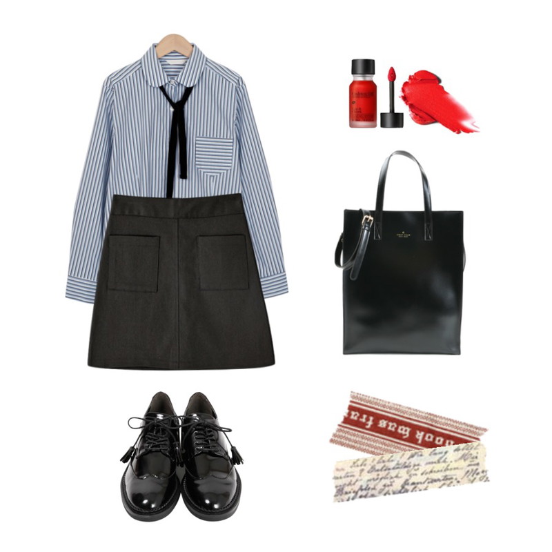 From Beginning Tassel string wing-tip loafer_Y (size : 230,235,240,245,250),Reine 디펜스 포켓 스커트,From Beginning Velvet tie stripe shirts_M (size : free)등을 매치한 코디