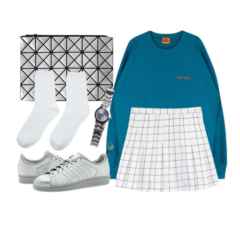 biznshoe Miyake clutch (3color),MIXXMIX 나우 핸즈 스웨트 셔츠,BANHALA 끝판왕 스커트등을 매치한 코디