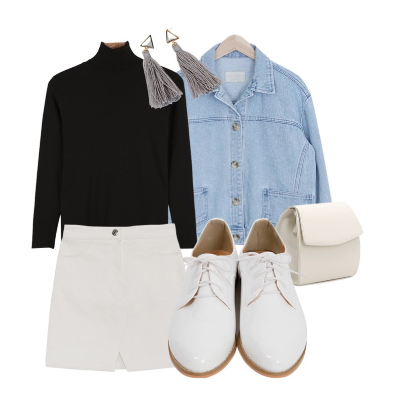 DORA 로제SK,daily monday Natural pola knit,myblin 크롭 연청 자켓등을 매치한 코디