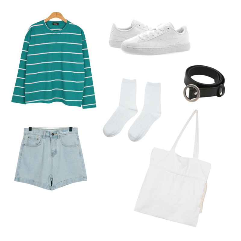 From Beginning Roll-up half denim shorts_M (size : S,M),BULLANG GIRL 라빠기본단T,Player 362246-03 퓨마 바스켓 클래식 페이턴트 JR 화이트 (PUMA BASKET CLASSIC PATENT JR PUMA WHITE-PUMA WHITE)  신발  운동화 퓨마 등을 매치한 코디