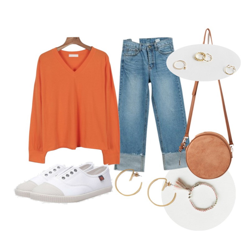 daily monday Silver tassels yarn ring(silver 925),daily monday V-neck long sleeve tee,NEW NEED NOW 와이드 롤업 데님 팬츠등을 매치한 코디
