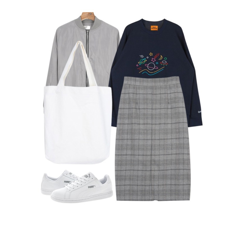 daily monday Color basic blouson,MINIBBONG 풀체크-스커트,MIXXMIX ONLY MIX  스페이스 스웨트 셔츠등을 매치한 코디