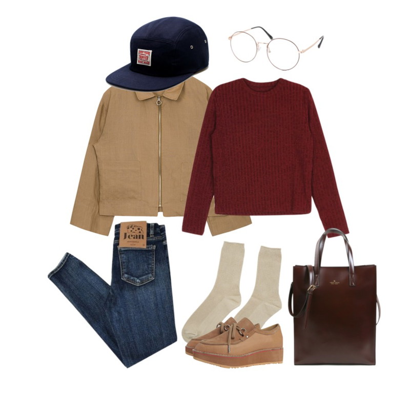 BULLANG GIRL 럭스 스퀘어 쇼퍼백,AIN ring zipper linen jacket (3 colors),IM3 베이직 골지 티셔츠등을 매치한 코디