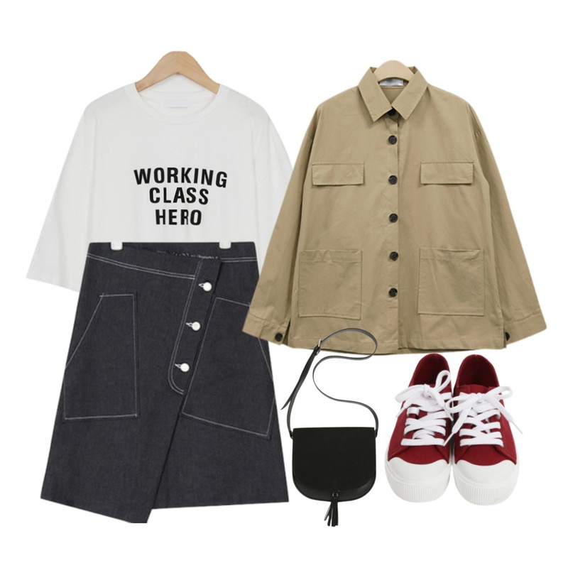NEW NEED NOW 베이직 포켓 야상(3color),From Beginning Work lettering cotton T_K (size : free),AIN unique point midi denim skirt (2 colors)등을 매치한 코디