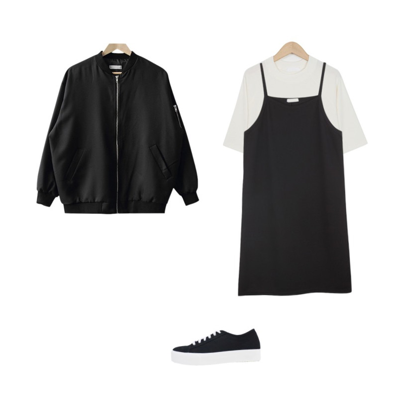BANHALA 캐모마일 원피스,CCUMI SISTER 데일리 블루종 점퍼 (2color),From Beginning Raglan loose golgi T_Y (size : free)등을 매치한 코디