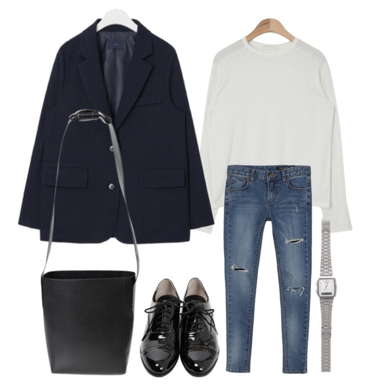 daily monday Three damage denim skinny[데님스키니,스키니,팬츠,데님],AIN soft slit long sleeve T (4 colors) ,AIN FRESH A standard jacket (4 colors)등을 매치한 코디