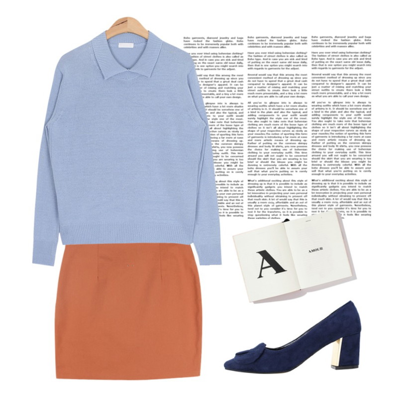 14,AIN collar neck point knit (4 colors),BANHALA 넌내꺼 스커트등을 매치한 코디