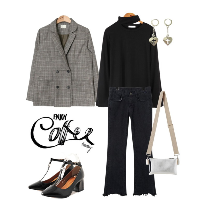 AIN black boot-cut pants,BANHALA 시크초커 티셔츠,AIN classic check double jacket (2 colors)등을 매치한 코디